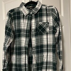 Michigan State Flannel Green and White Plaid Button-Up Shirt